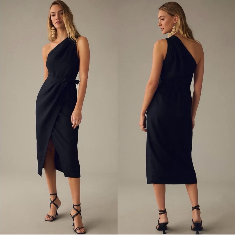 NWT Anthropologie One-Shoulder Linen Dress In Black Size 2 Wrap Dress
